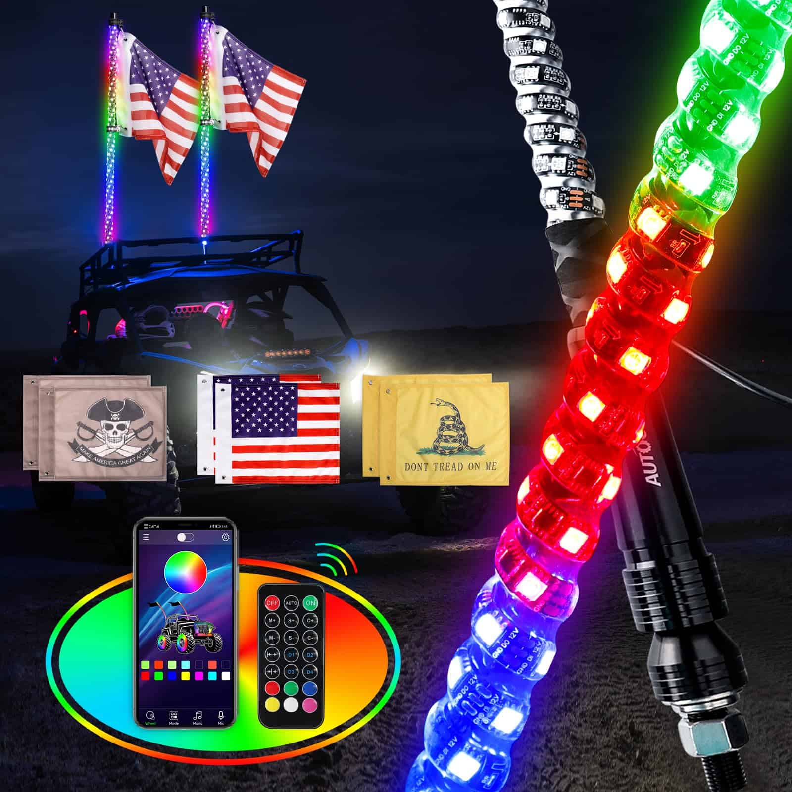 Luces de Látigo - AUTOOMMO 1Pcs 4FT Espiral RGB LED Luces