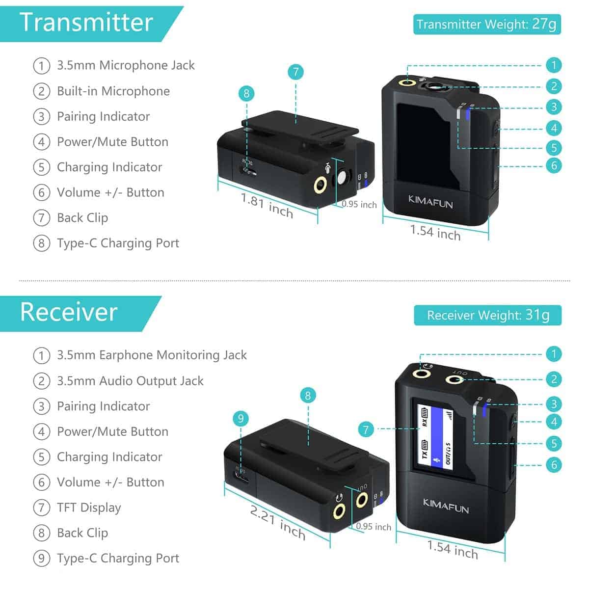 Micrófono inalámbrico de solapa KIMAFUN para cámara, - Imagen 5
