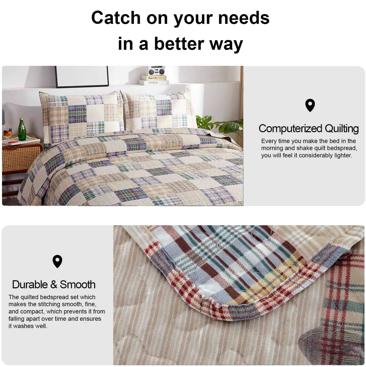 Juego de Edredón a Cuadros Beige Ycosy Tamaño Individual - Imagen 5