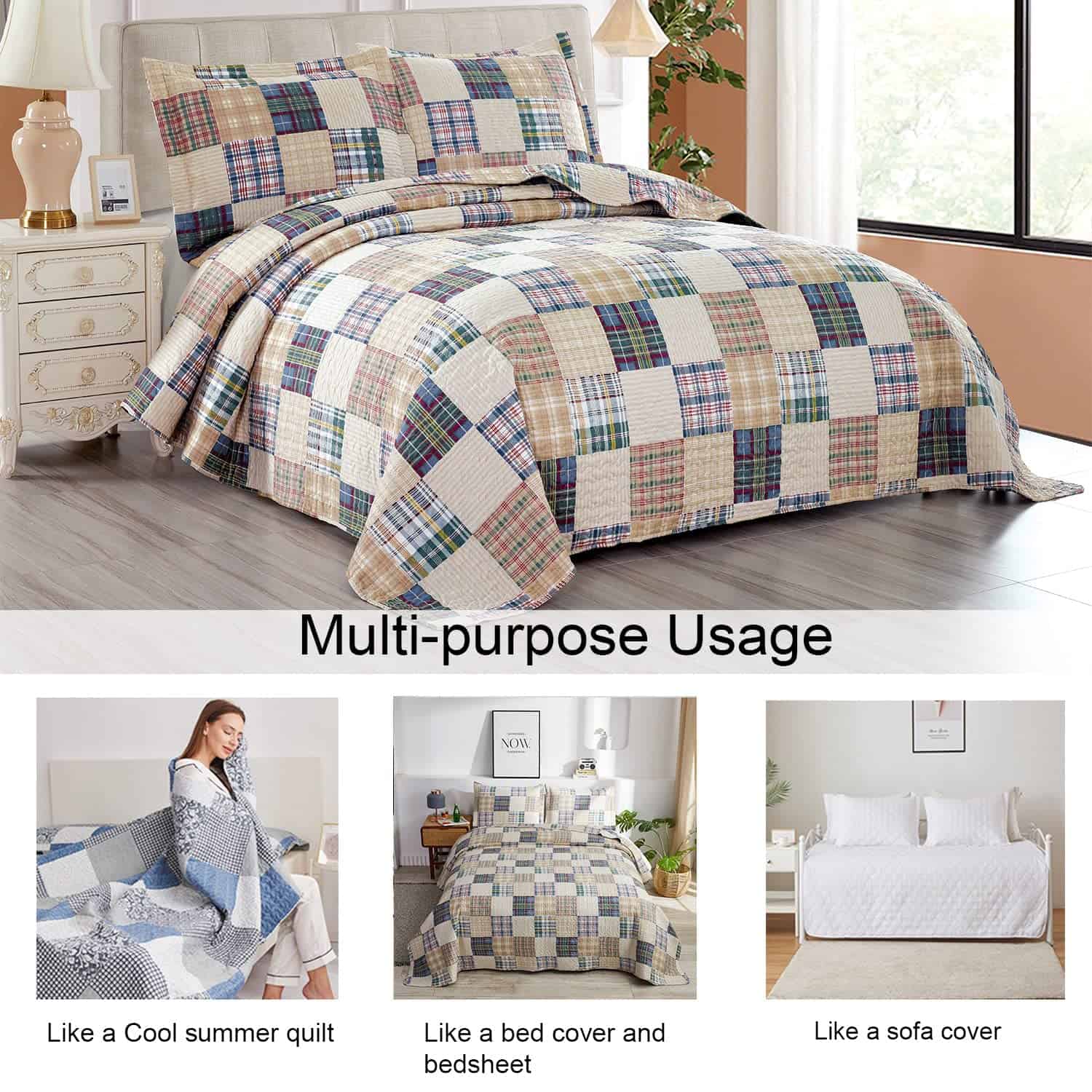 Juego de Edredón a Cuadros Beige Ycosy Tamaño Individual - Imagen 6