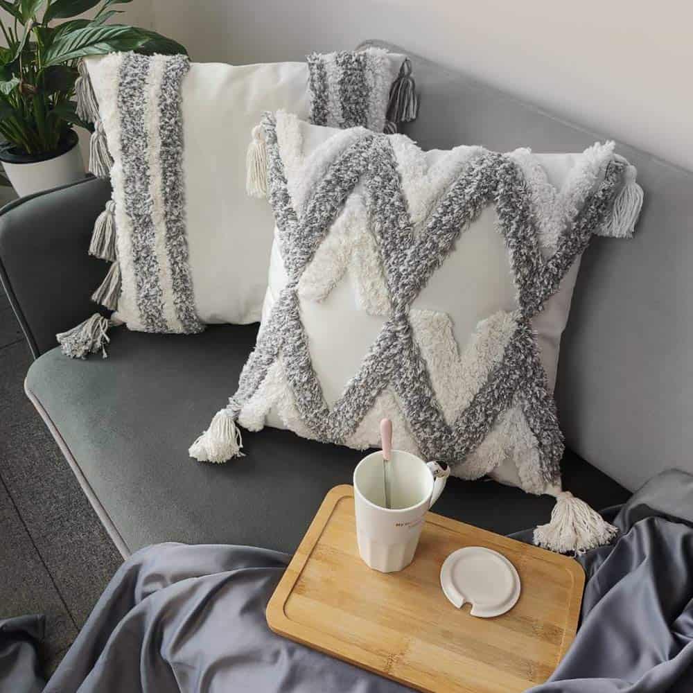 Fundas de Cojín Decorativas Boho Blanco Gris Set de 2,