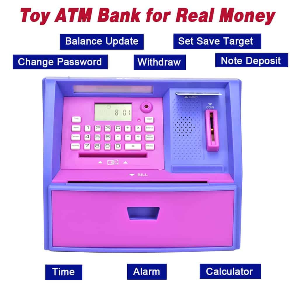 Hucha de Plástico Morada, Caja de Ahorros con Forma de ATM, - Imagen 4