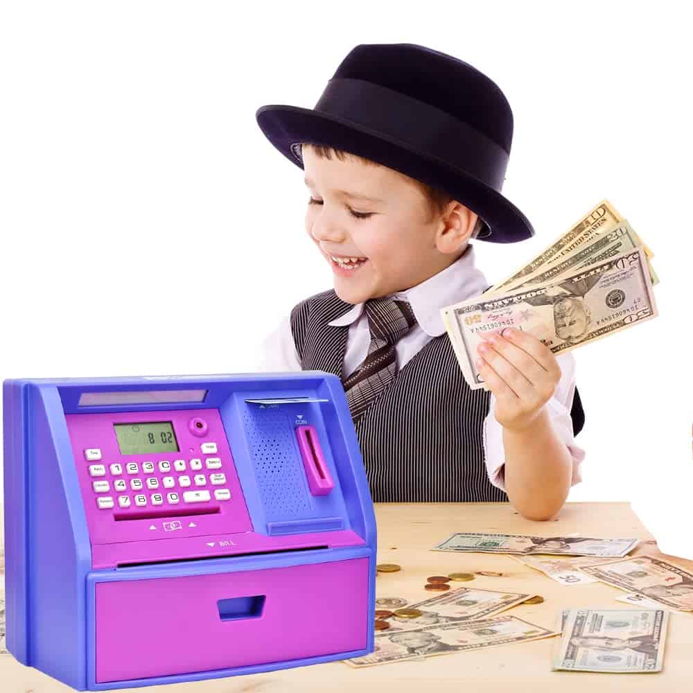 Hucha de Plástico Morada, Caja de Ahorros con Forma de ATM, - Imagen 3