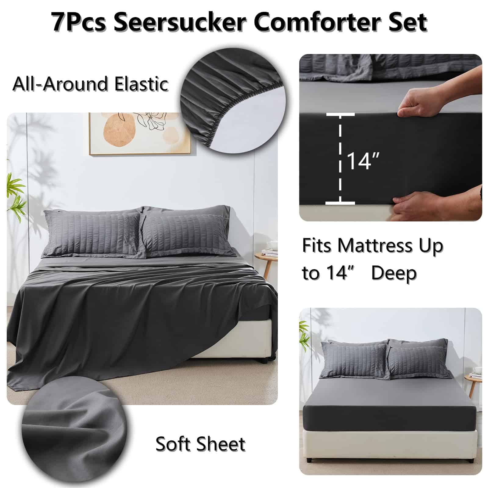 Set de Edredón King Seersucker CozyLux con Sábanas Gris - Imagen 6