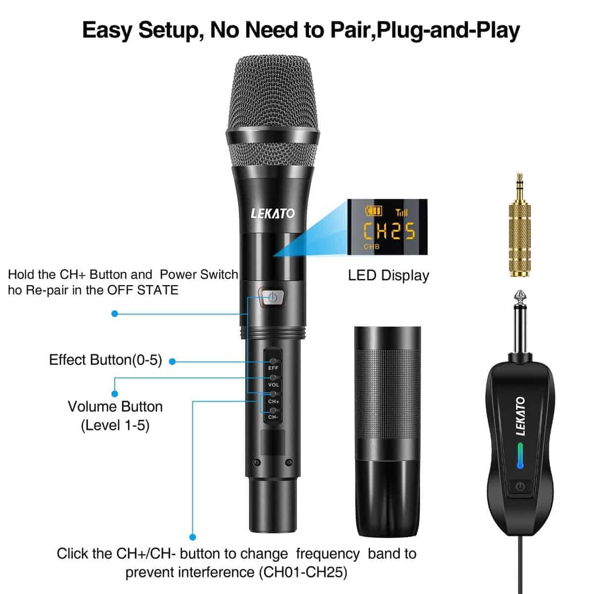 Micrófono inalámbrico LEKATO, Micrófono recargable UHF, - Imagen 7