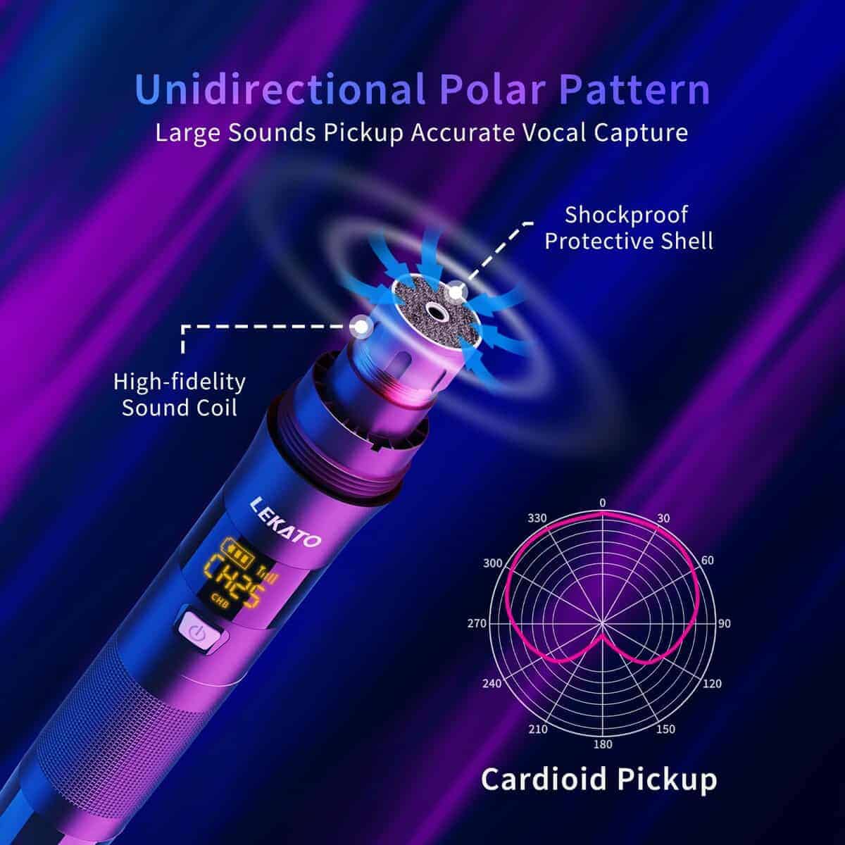 Micrófono inalámbrico LEKATO, Micrófono recargable UHF, - Imagen 3