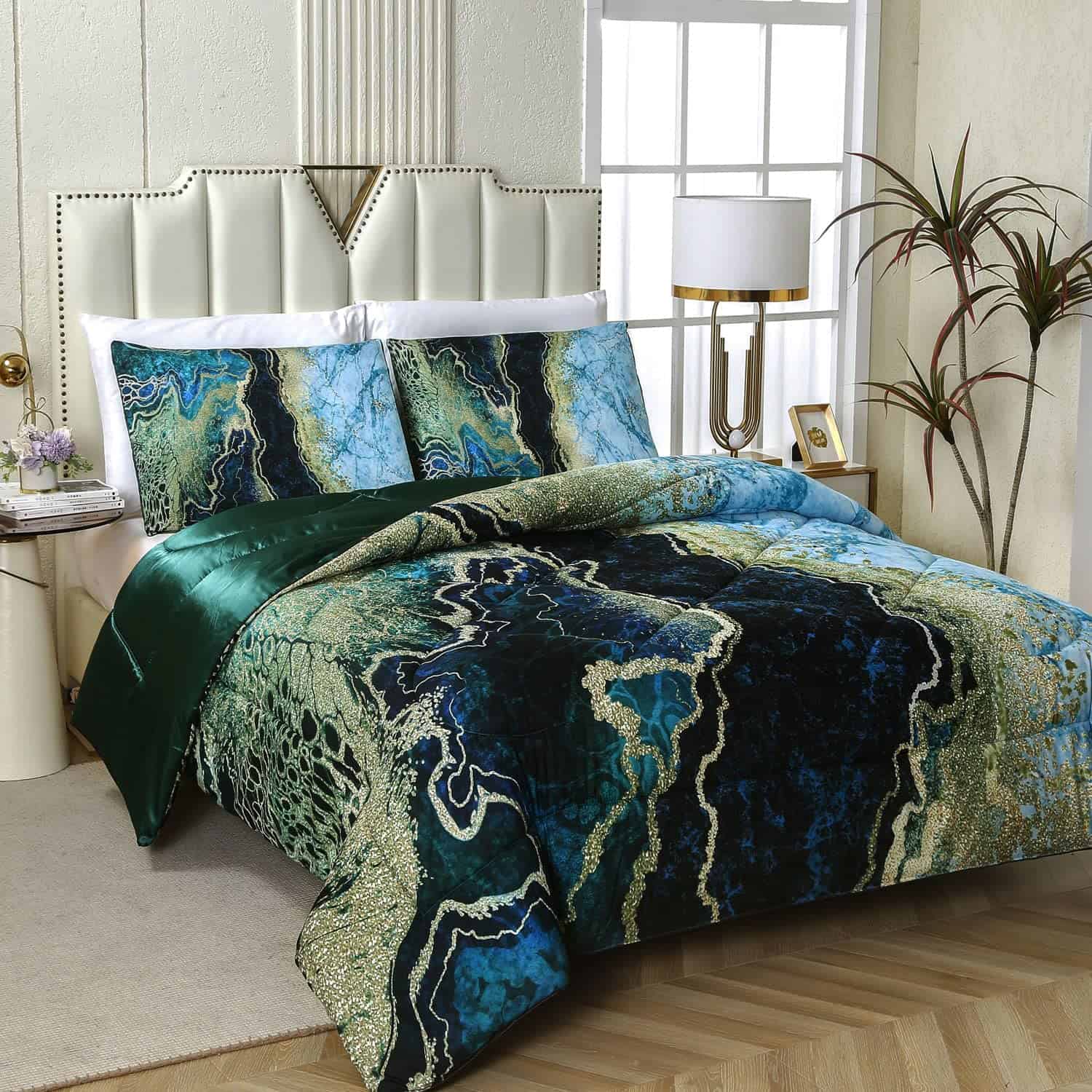 Juego de edredón de mármol verde para cama King - 3 piezas