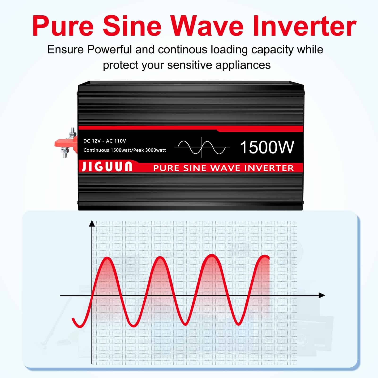 Inversor de Onda Sinusoidal Pura JIGUUN de 1500 vatios CC - Imagen 4