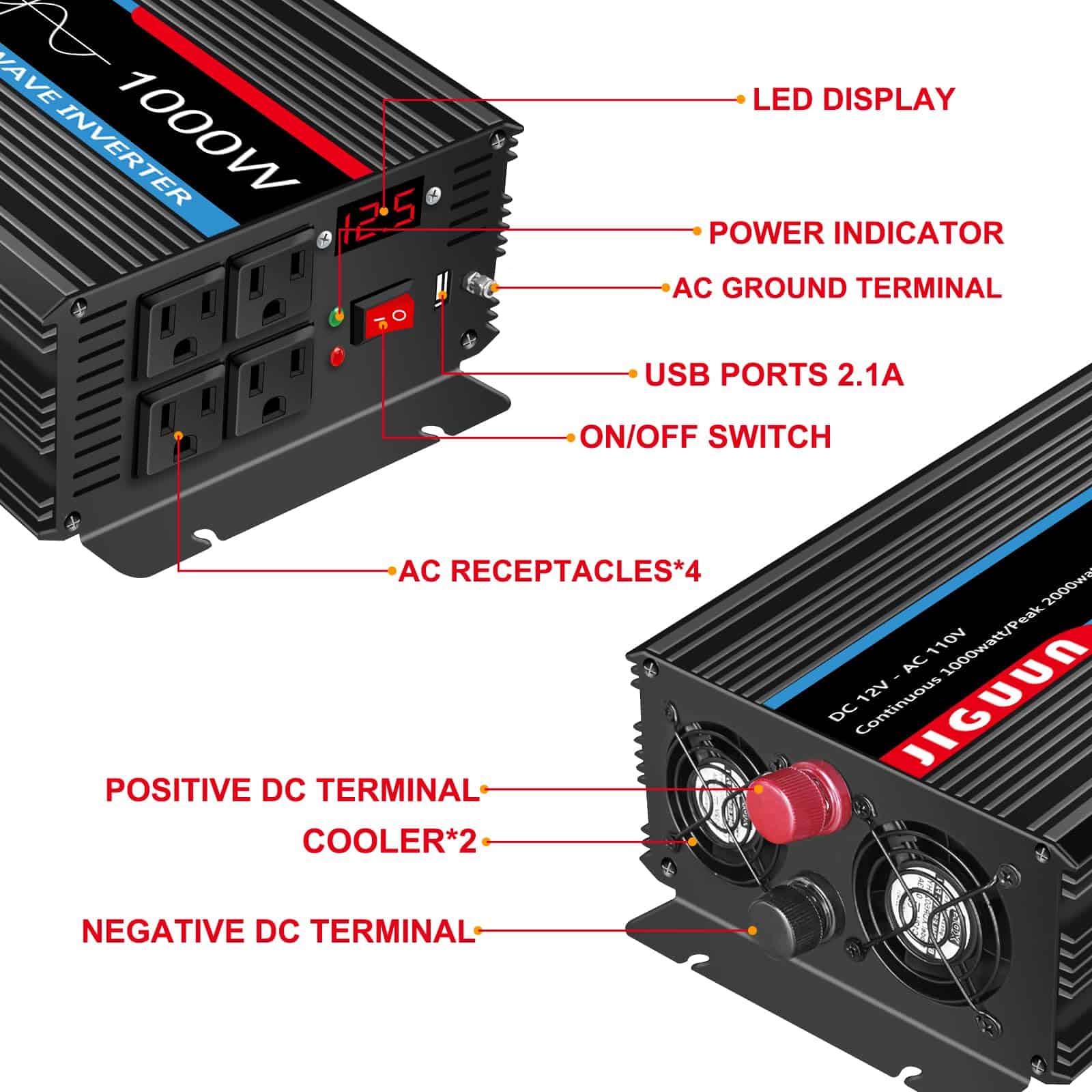 Inversor de Onda Sinusoidal Pura JIGUUN 1000 Watts, DC 12V - Imagen 7