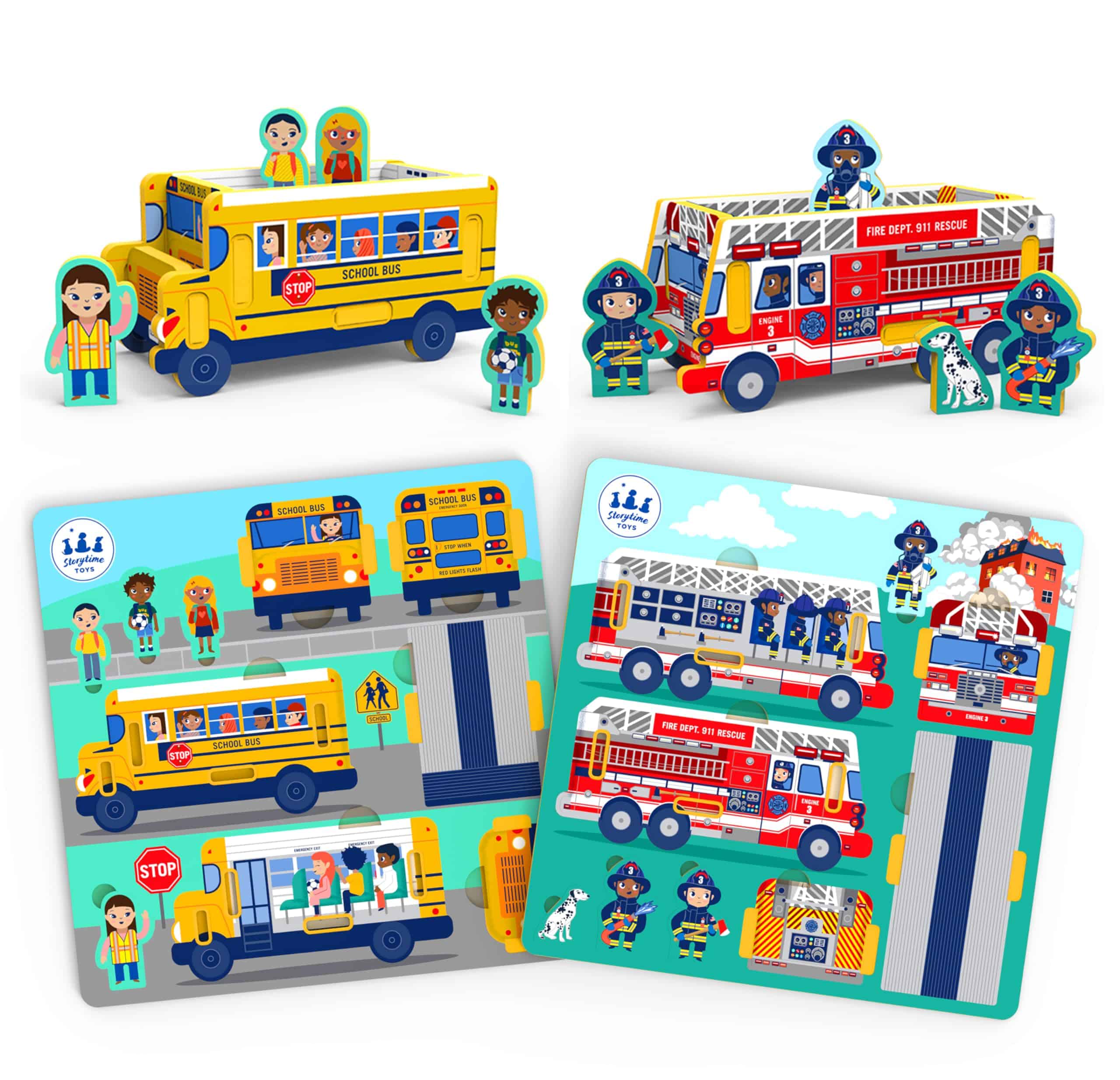 Pack de Juguetes Rompecabezas Camión de Bomberos y Autobús