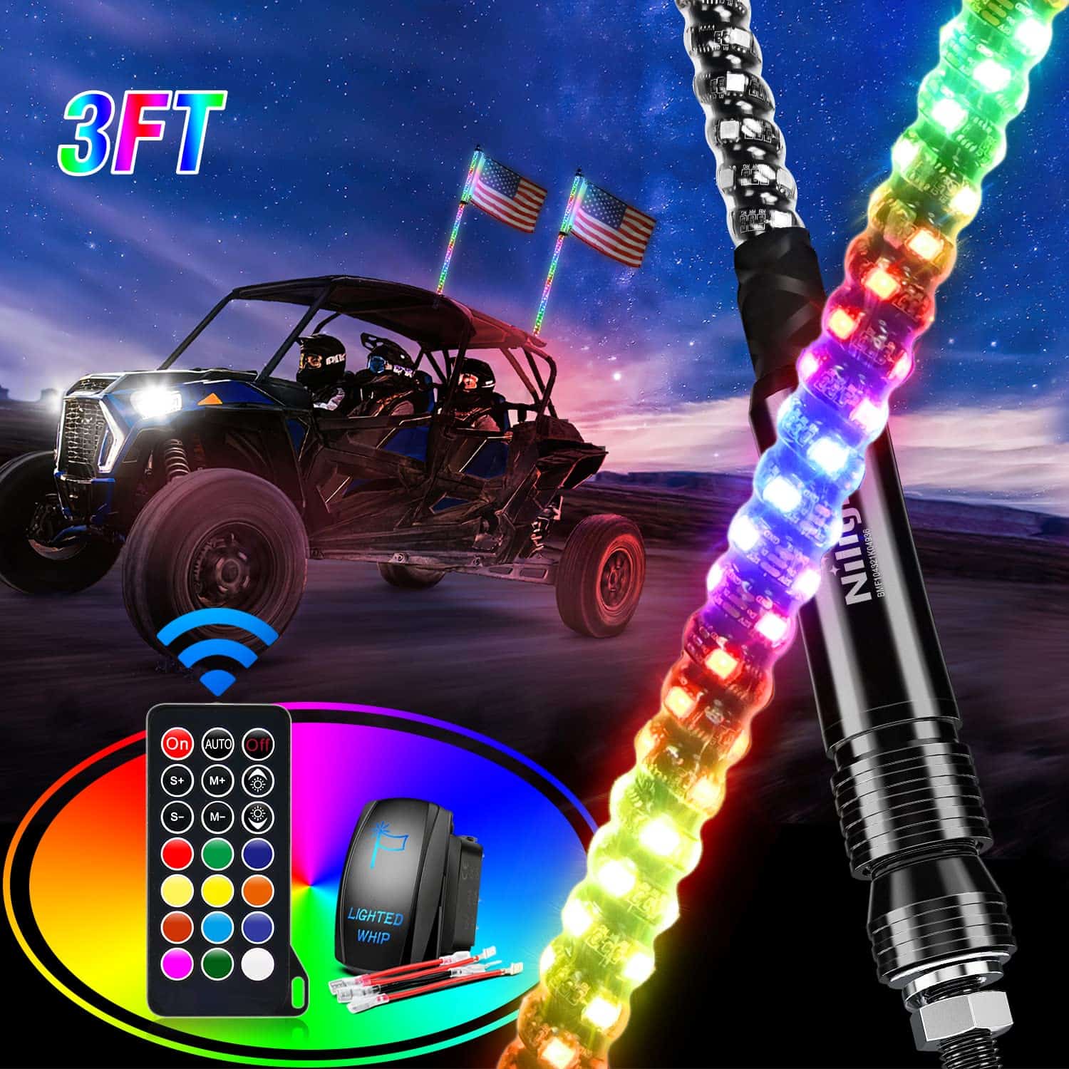 Nilight 2PCS 3 pies Espiral RGB Led Whip Light c/RGB