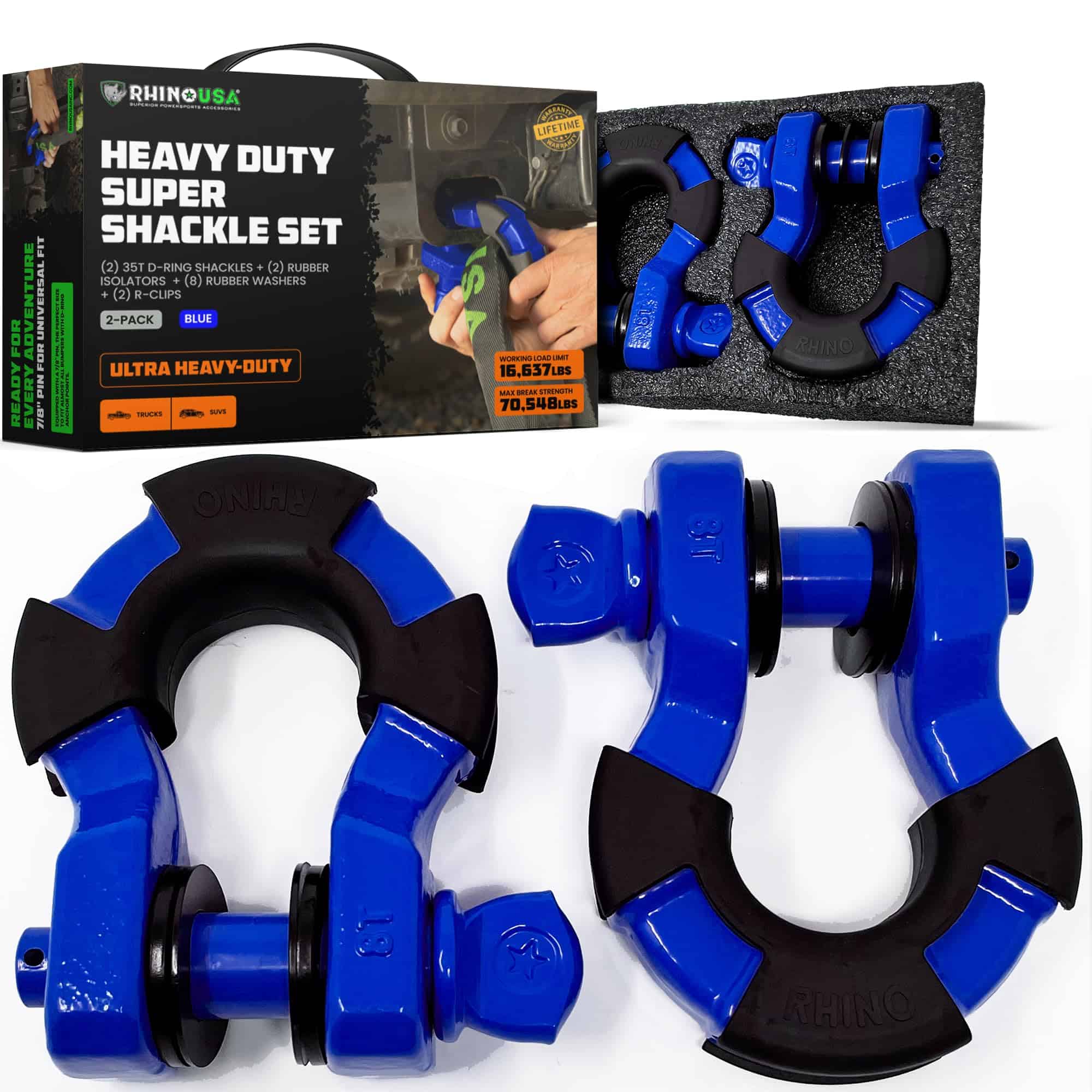 Rhino USA D Ring Super Shackles 70,548lb -Azul (2 Piezas)