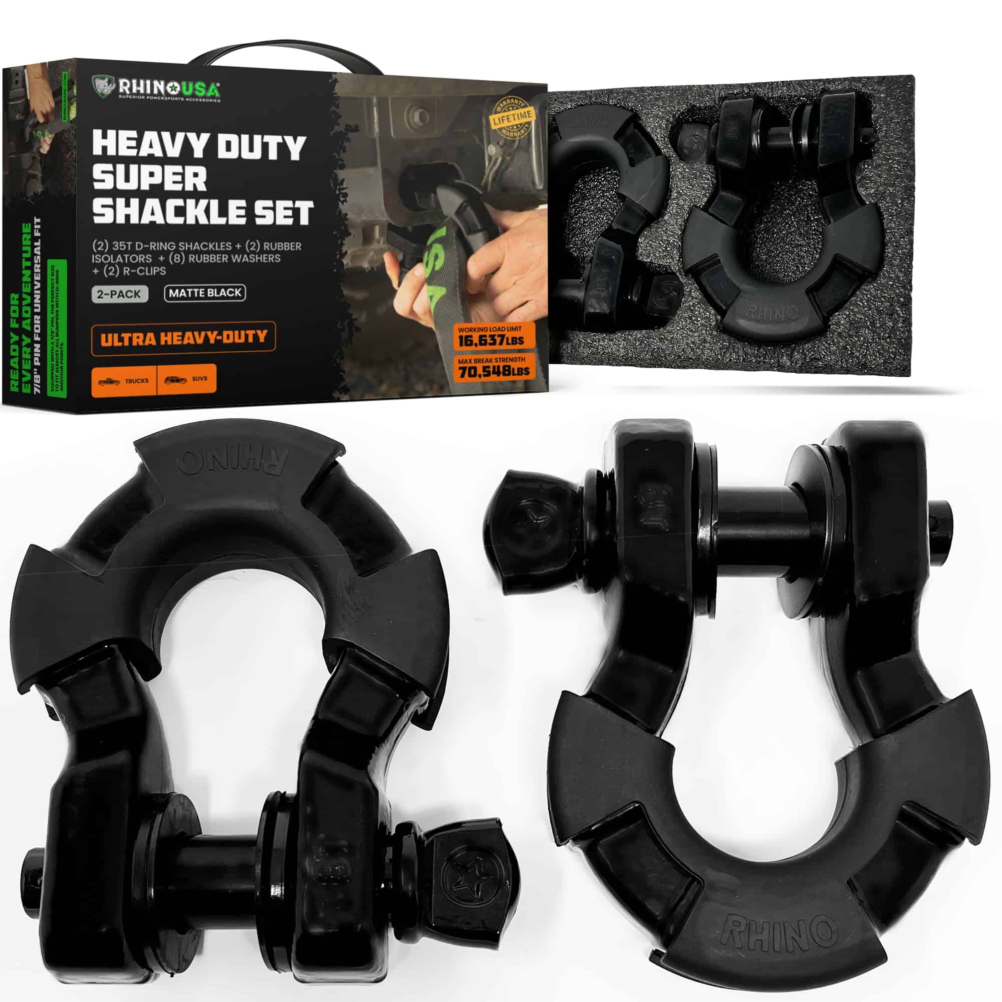 Rhino USA D Ring Super Shackles 70,548lb -Negro Mate (2PK)