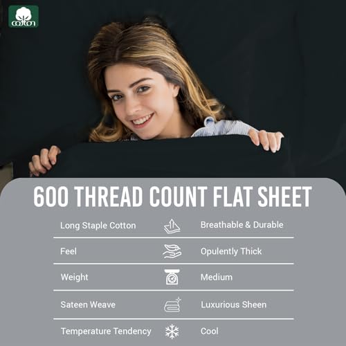 Sábana Plana de Algodón Puro 100% Pizuna King Negro (1 PC), - Imagen 11