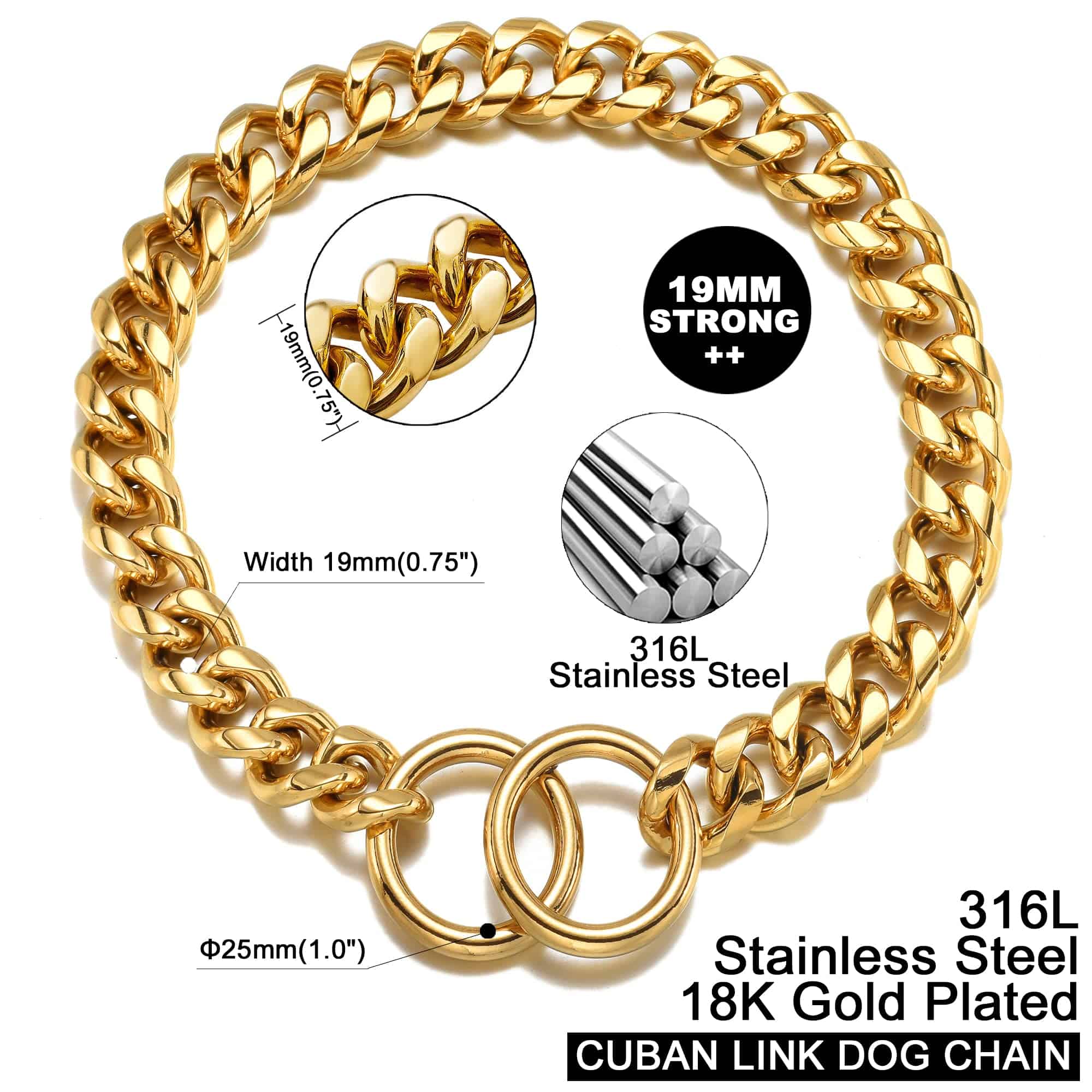 Collar de Cadena para Perros PRADOG en Oro 19mm Cadena de - Imagen 3