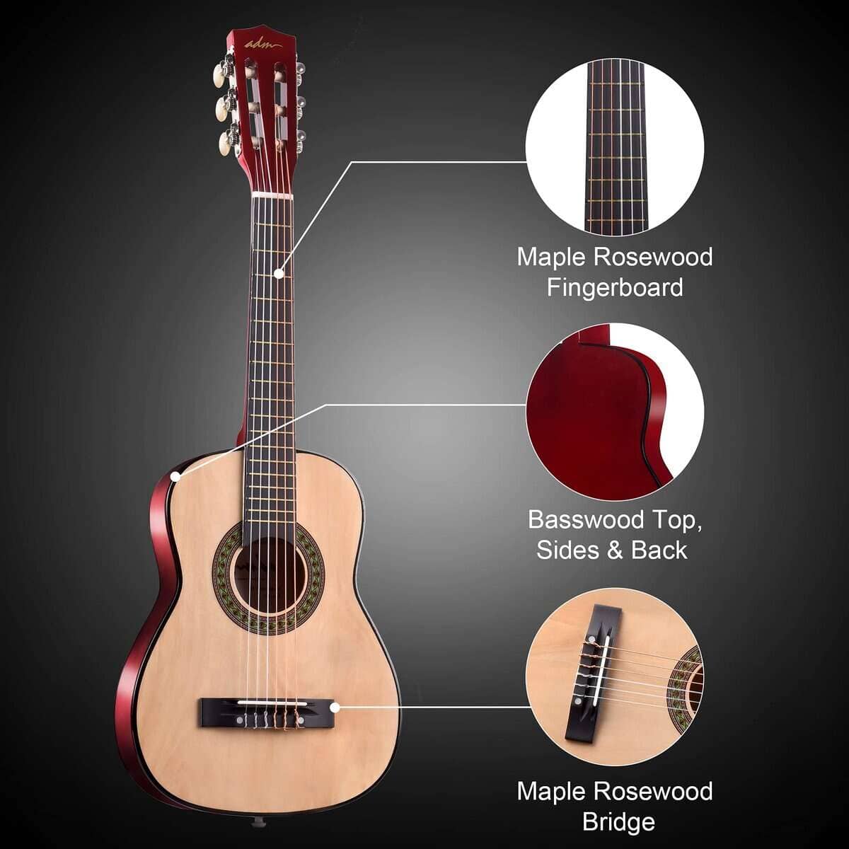 Guitarra Clásica Acústica ADM para Principiantes de 30 - Imagen 4