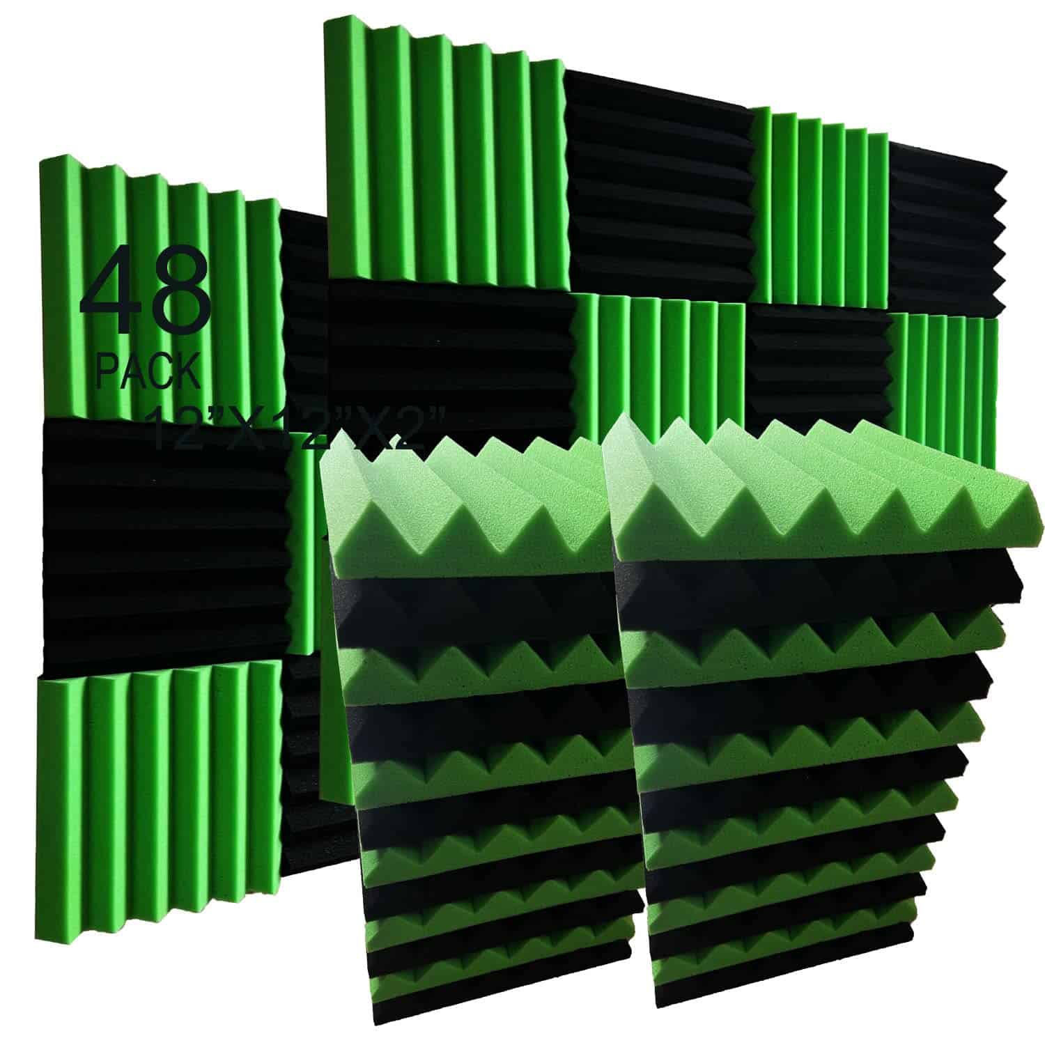 48 Paneles de Espuma Acústica Negra/Verde en Forma de Cuña