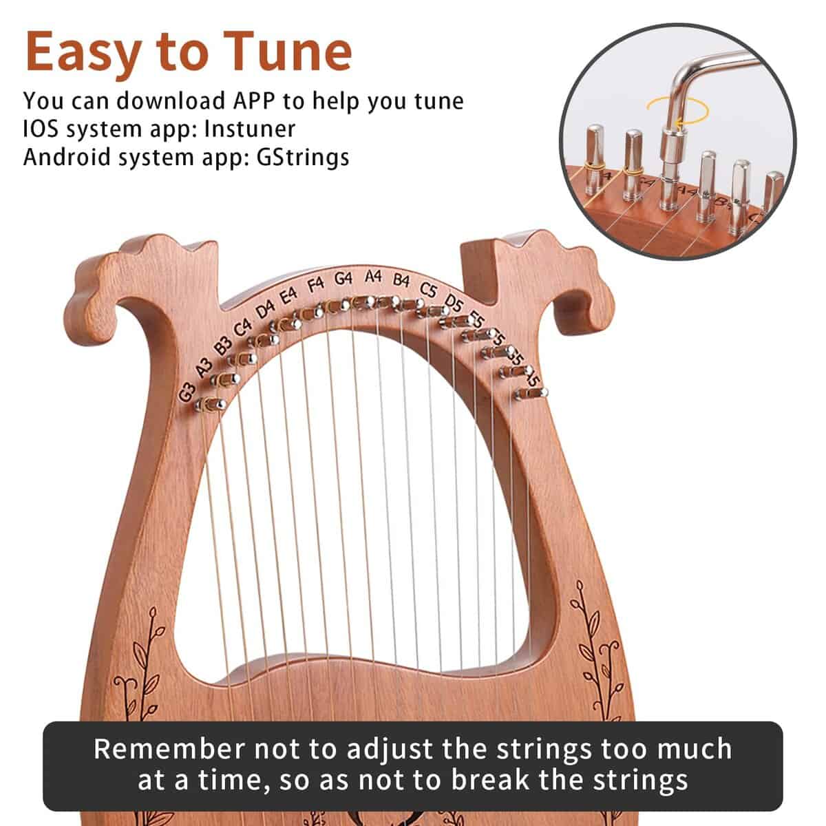 Arpa de Lira, 16 Cuerdas Arpa Acústica de Caoba con Cuerdas - Imagen 7