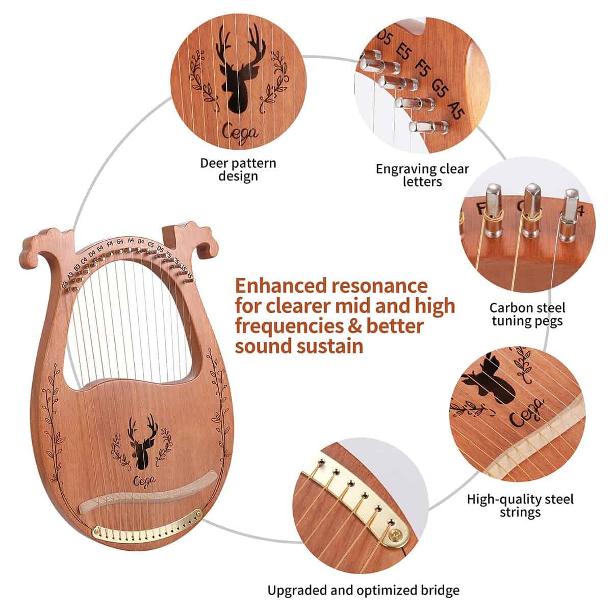 Arpa de Lira, 16 Cuerdas Arpa Acústica de Caoba con Cuerdas - Imagen 6