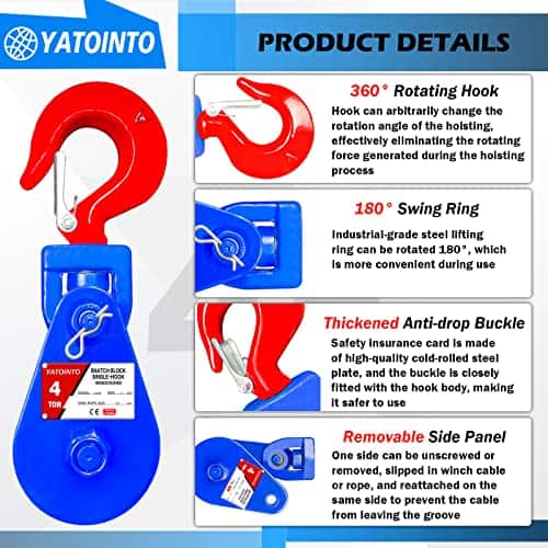 YATOINTO 4 ton Snatch Block with Hook, Polea de 4.5" - Imagen 3