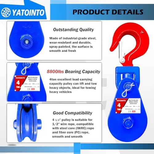 YATOINTO 4 ton Snatch Block with Hook, Polea de 4.5" - Imagen 4