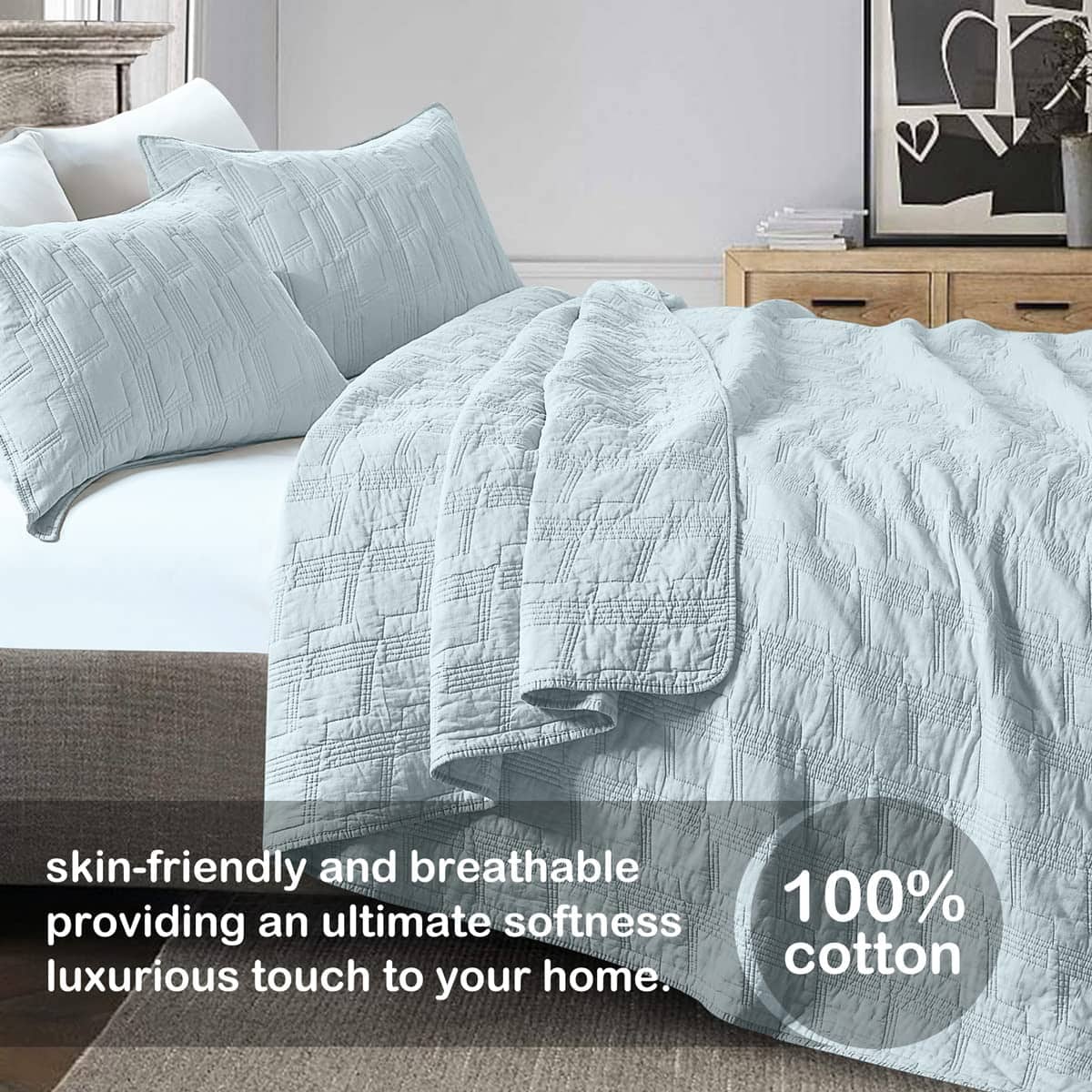 Juego de Edredón de Algodón 100% Queen Size, Baby Blue - Imagen 3