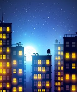 Fondo de ciudad de superhéroes con cielo estrellado