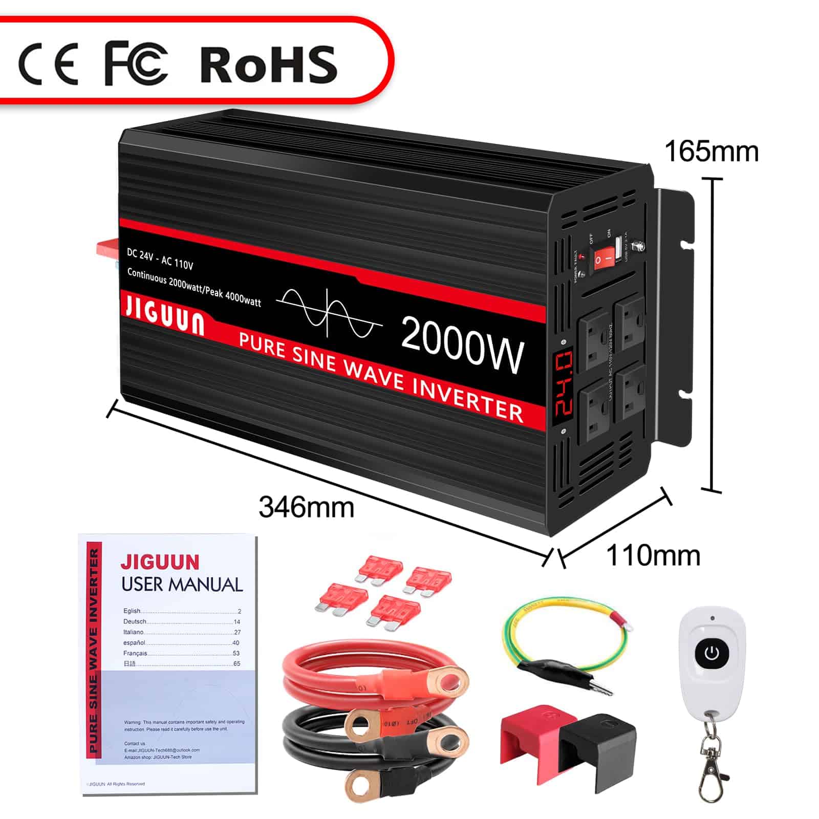 Inversor de Onda Sinusoidal Pura JIGUUN 2000W 24V DC a - Imagen 8