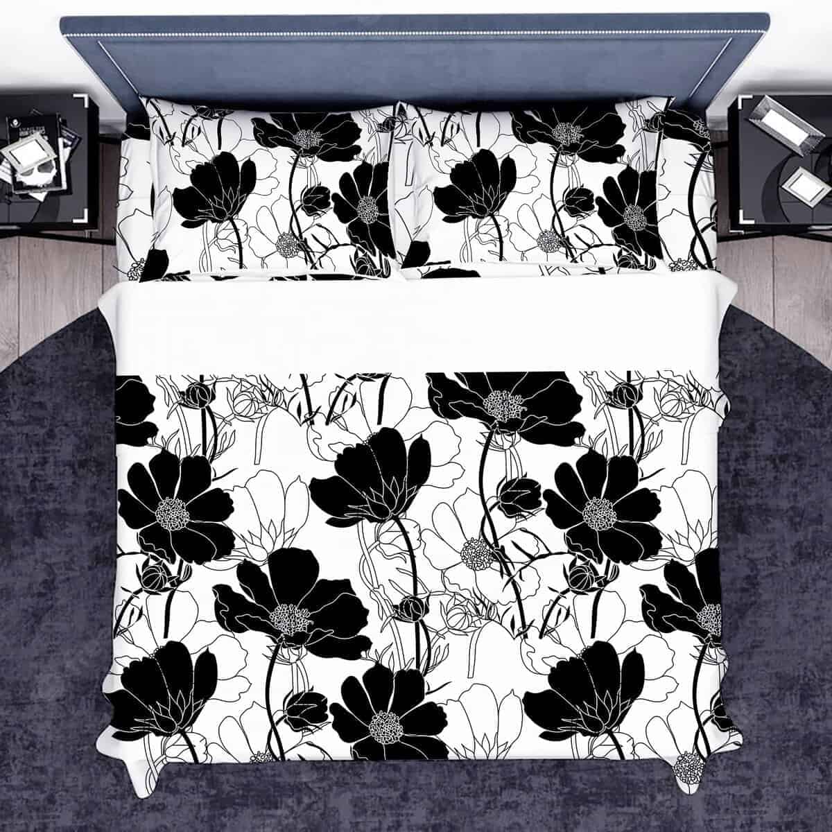 Juego de Sábanas Floral Blanco y Negro Queen - Juego de