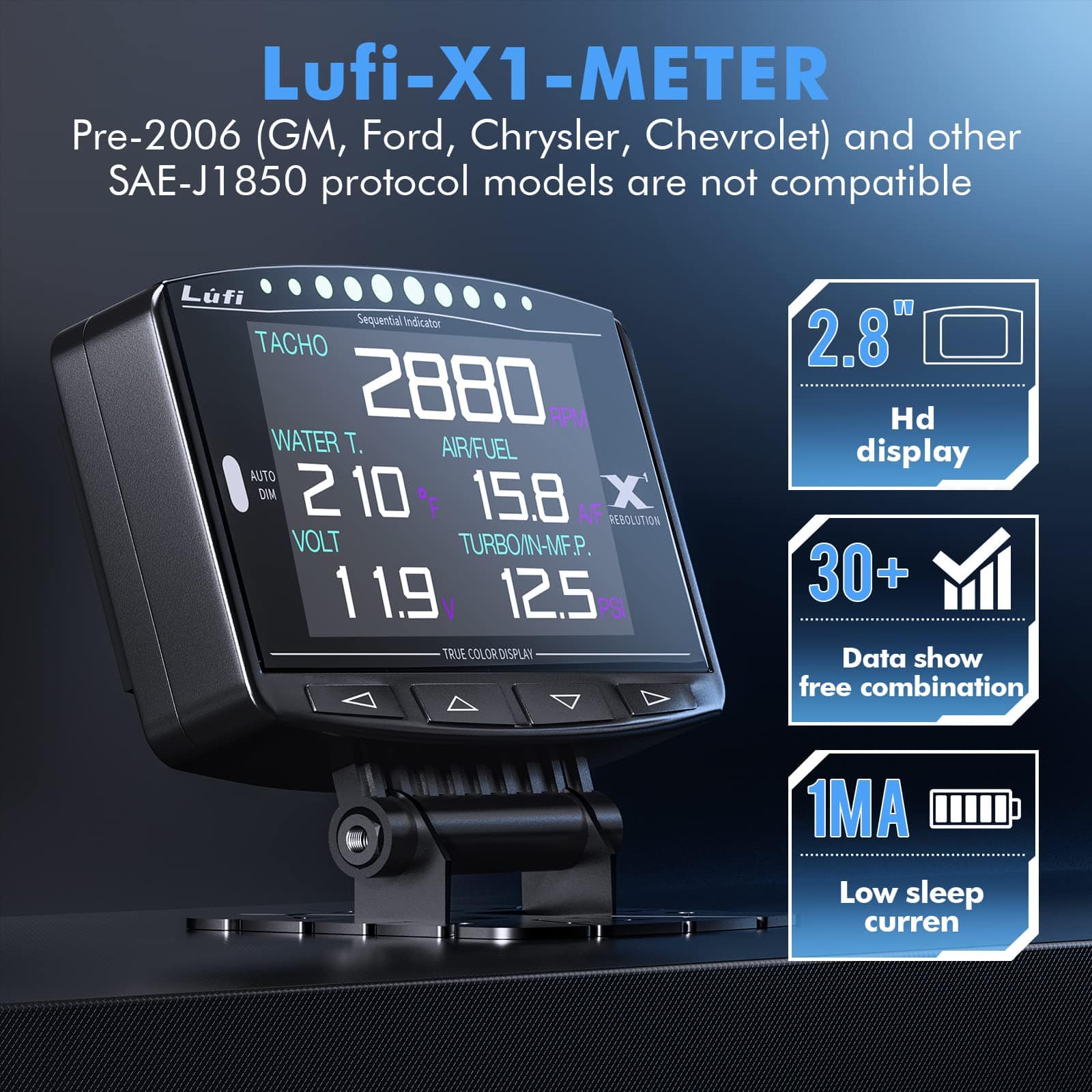 Lufi X1 Medidor de Pantalla OBD2, Medidor de Tensión, - Imagen 3