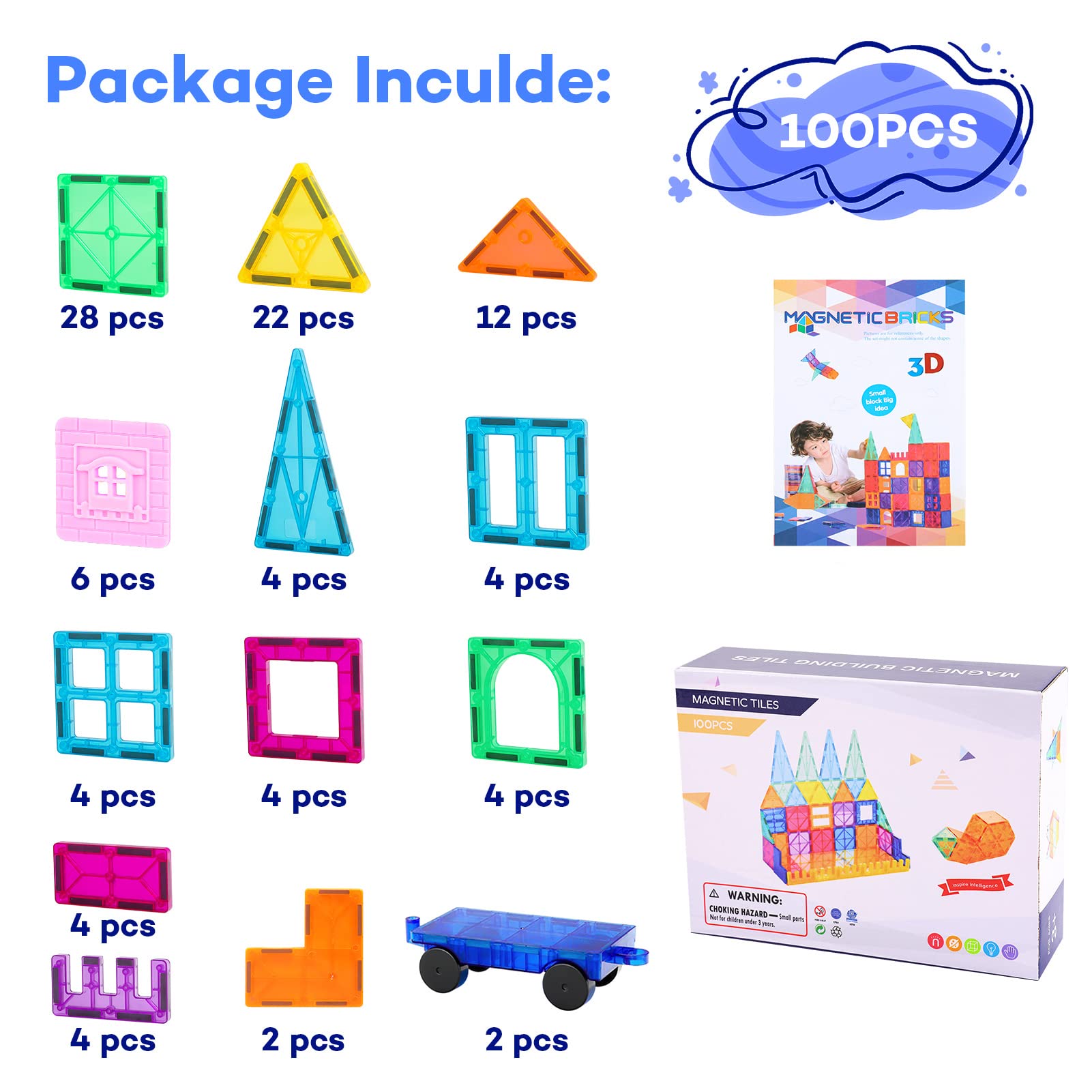 Anbalulu Magnetic Tiles, 100 Piezas Bloques Magnéticos para - Imagen 8