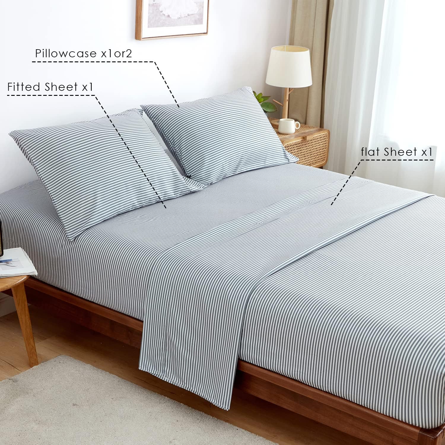 Juego de sábanas con rayas grises tamaño King 4 piezas - - Imagen 6
