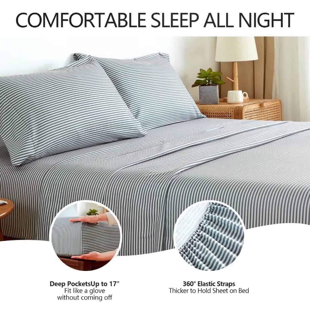 Juego de sábanas con rayas grises tamaño King 4 piezas - - Imagen 4