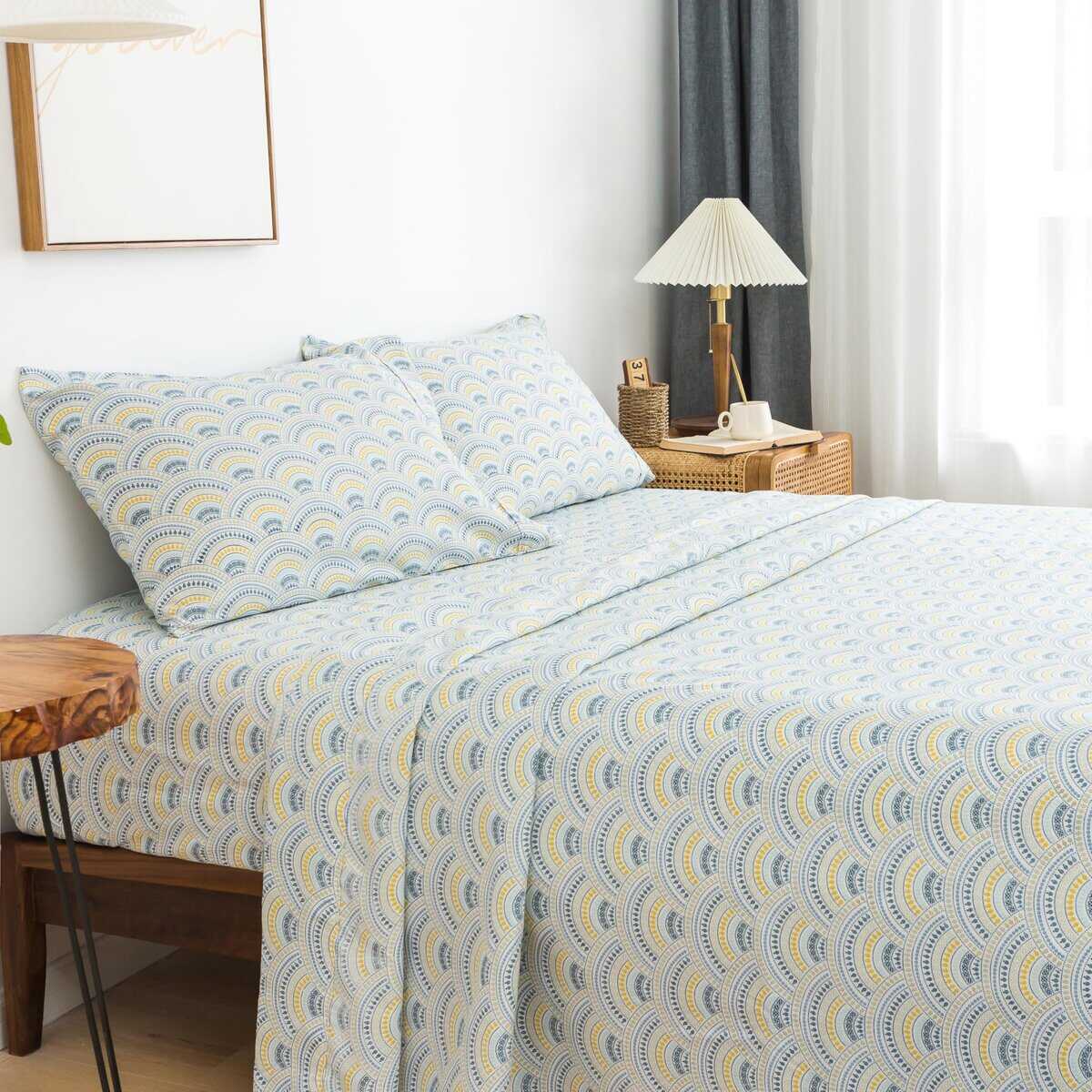 Juego de sábanas estampadas KACEMOO 4 piezas Boho King Azul