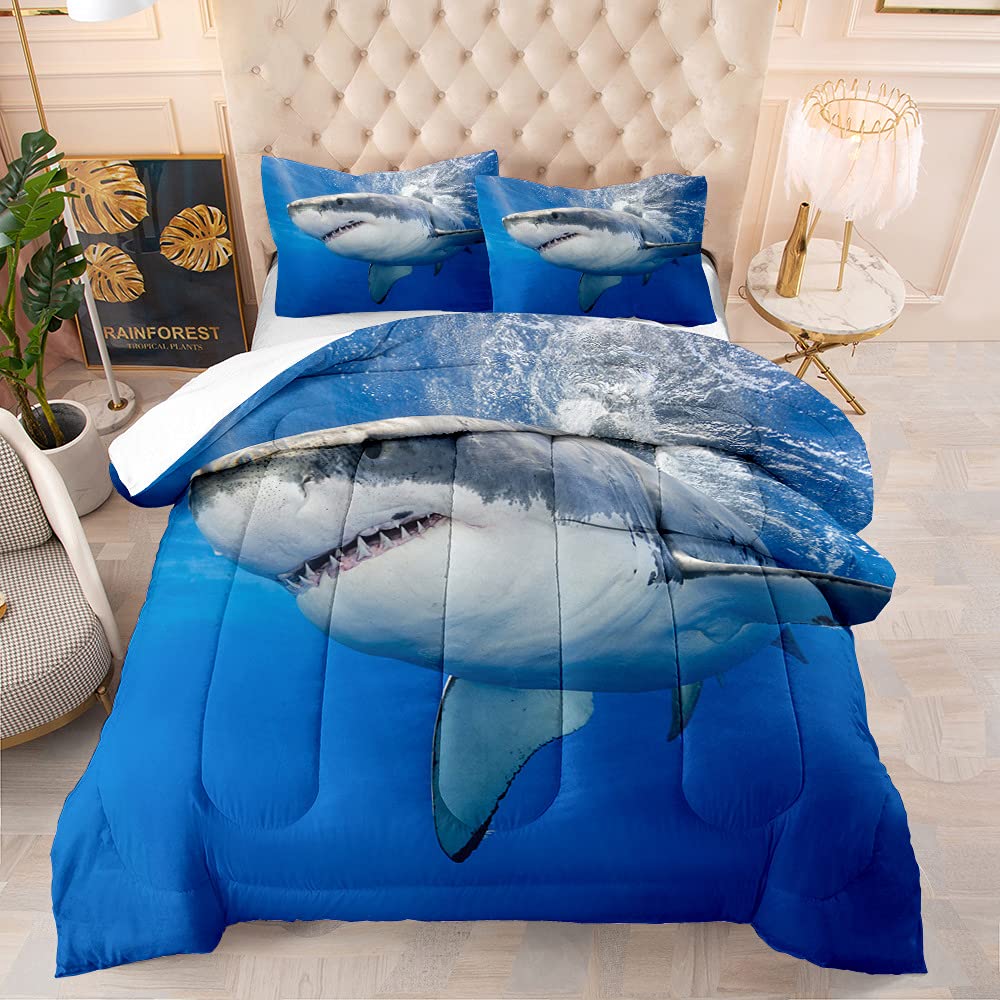 Suncloris Juego de Edredón 3D Gran Tiburón Blanco Reina, - Imagen 3