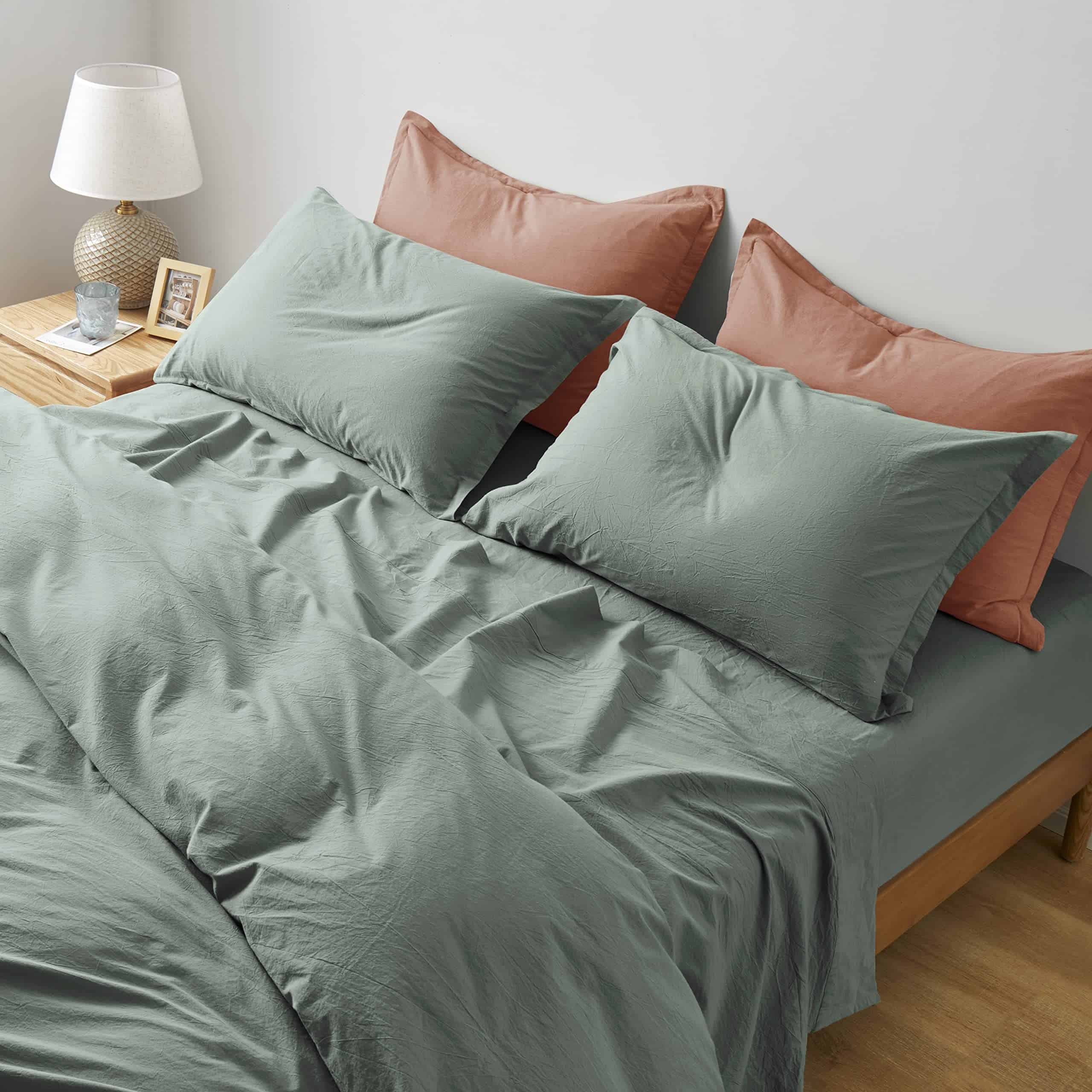 Juego de sábanas ajustables de algodón lavado -Verde Pino