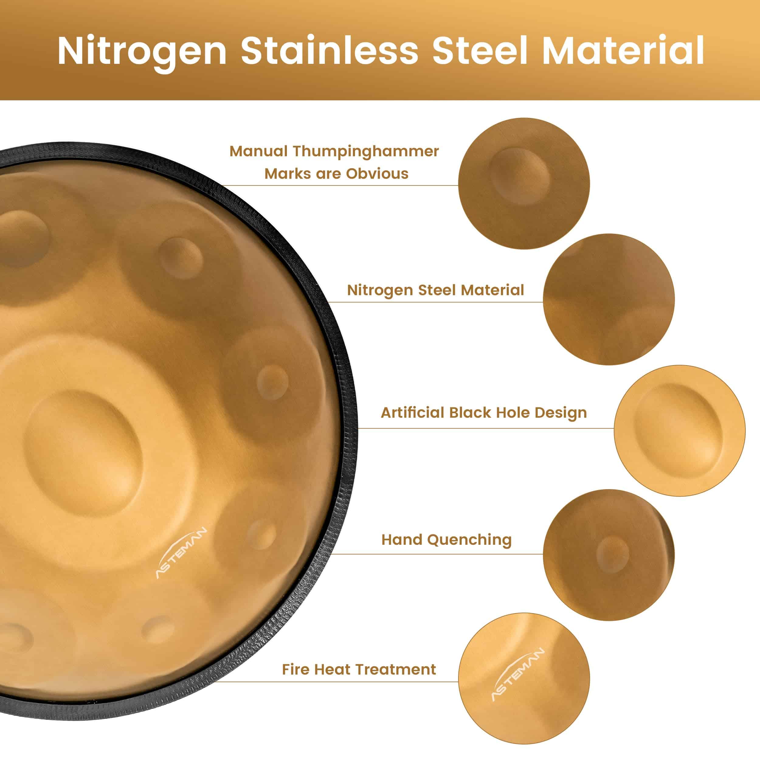 ASTEMAN Handpan de 18 pulgadas, 9 notas, 432Hz, G menor, - Imagen 4